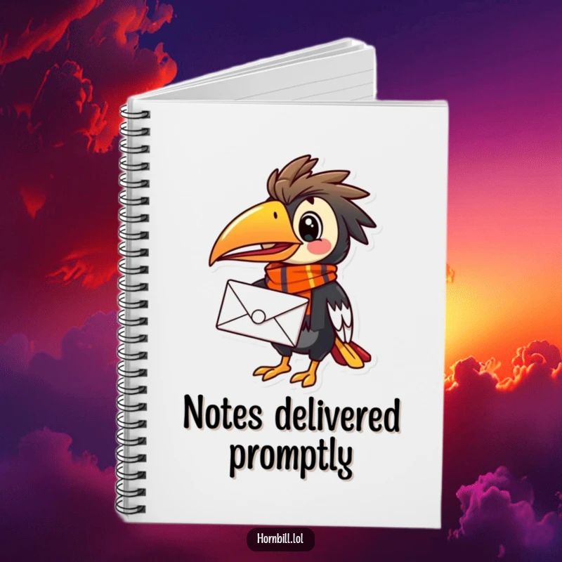 Funny Hornbill Mail Carrier Notebook, showing a cheerful bird in a scarf, holding a letter, ready to take notes.