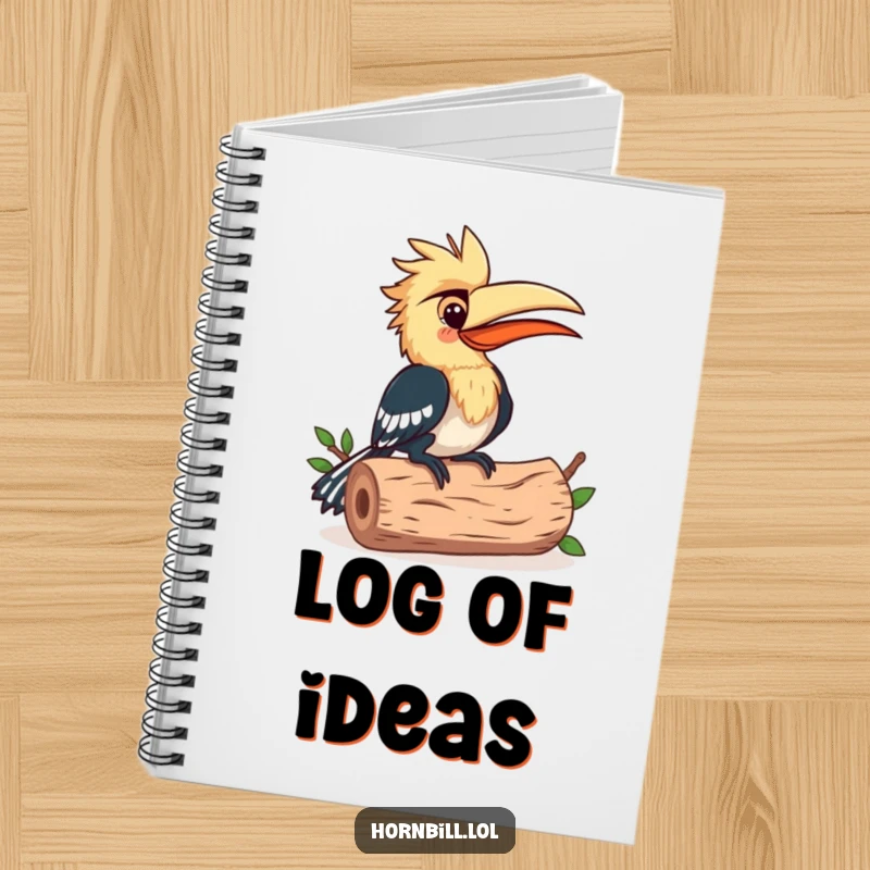Funny Notebook: Cover features a happy hornbill bird playing music by pecking a log rhythmically, ideal for notes.