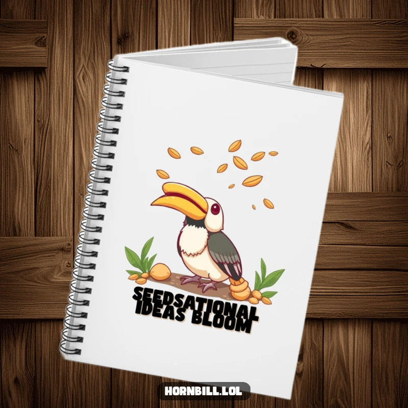 Funny Notebook with a small hornbill looking up with wonder at floating seeds, ready for your notes.