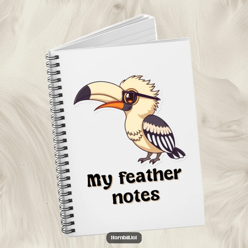 Funny hornbill wearing tiny spectacles, looking studiously at a large feather, featured on the cover of a lined notebook.