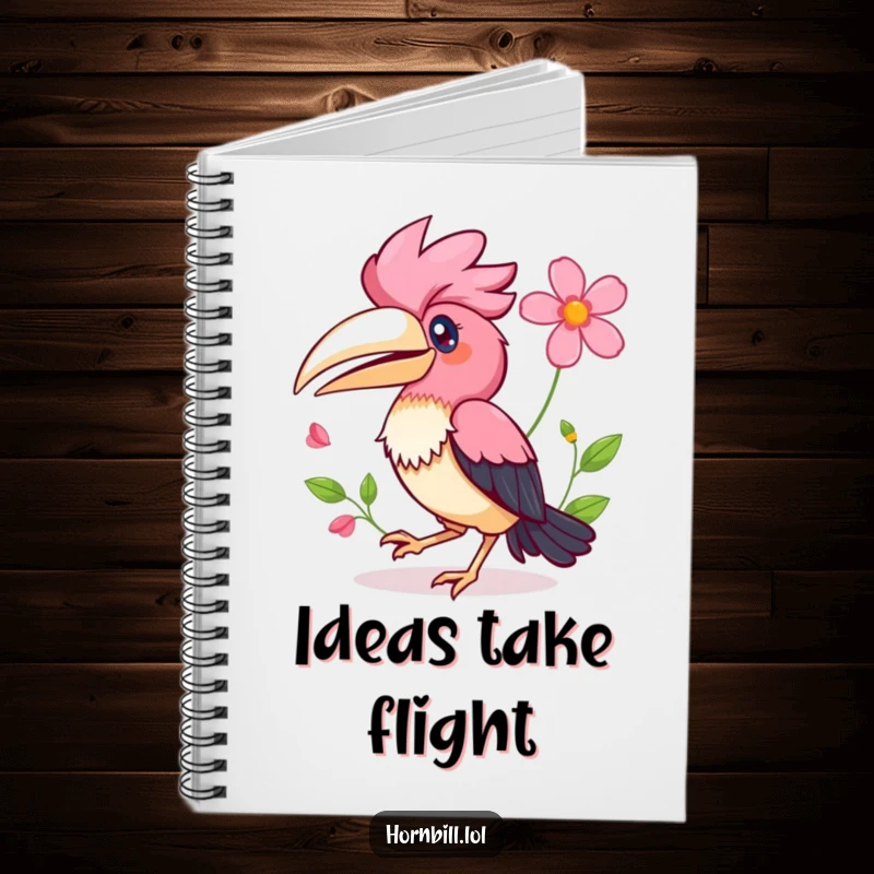 Funny Kawaii Hornbill Notebook cover with a happy bird hopping and a flower, inspiring cheerful note-taking.