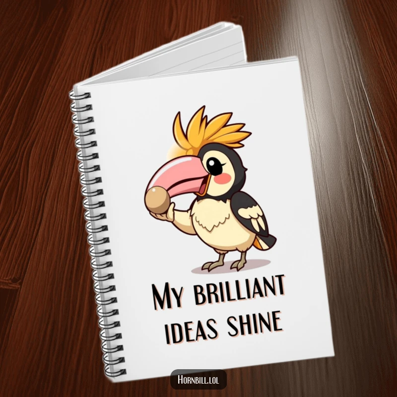 Funny Kawaii Hornbill Notebook cover with an enthusiastic bird showing off a shiny pebble, inspiring creativity.
