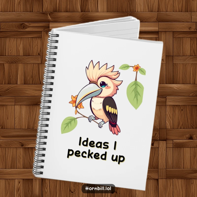 Funny Kawaii Hornbill Notebook: a cute bird humorously pecking at a flower petal, perfect for capturing notes and ideas.