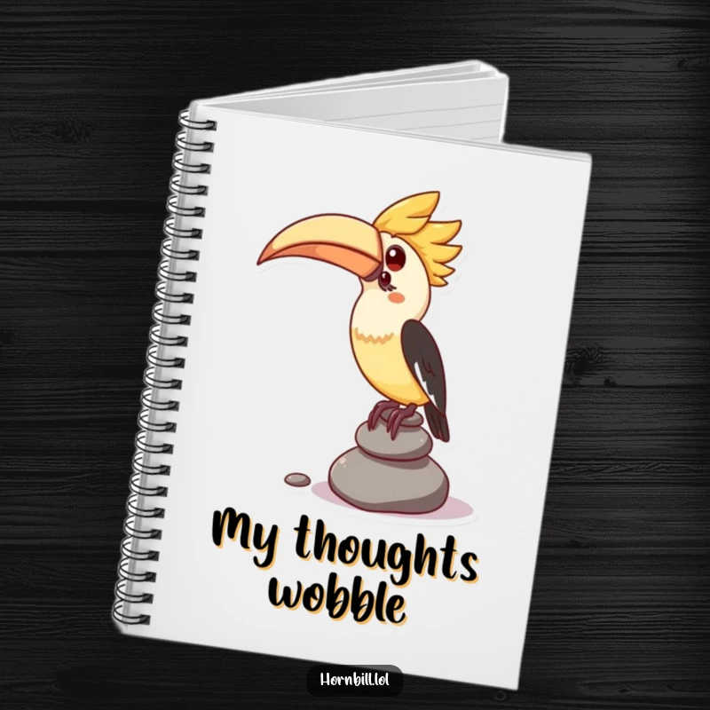 Funny notebook with a kawaii hornbill character attempting to balance a stack of small pebbles, perfect for notes and sketches.