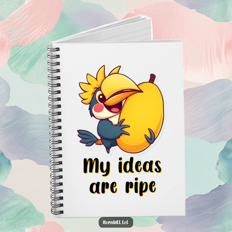 Funny notebook with a kawaii hornbill character joyfully holding a giant colorful fruit, perfect for notes and sketches.