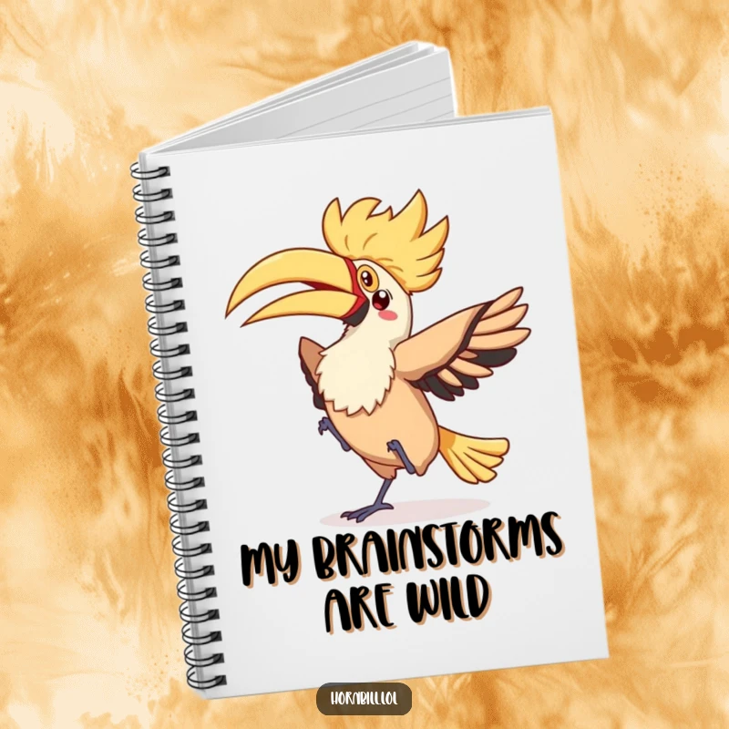 Funny kawaii hornbill performing a silly flappy dance with a fluttery tail, depicted on the cover of a notebook.