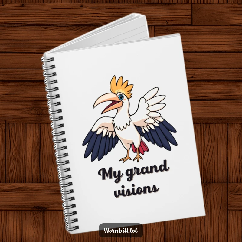 Funny hornbill notebook, a hornbill character flapping its wings, ideal for jotting down thoughts and inspired ideas.