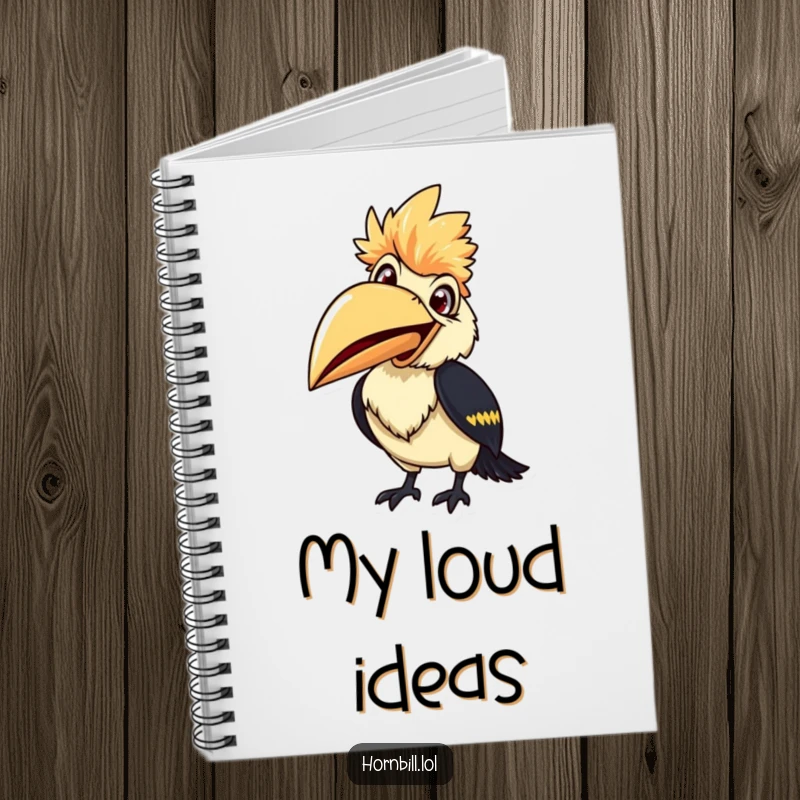 Smiling hornbill notebook, beak wide open, ready to chirp, ideal for funny and cheerful note-taking.
