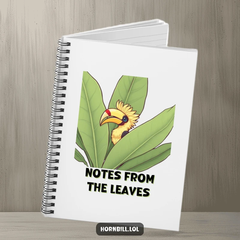 Funny Notebook: Hornbill peeking its head out from behind a large leafy bush, perfect for jotting down nature observations.