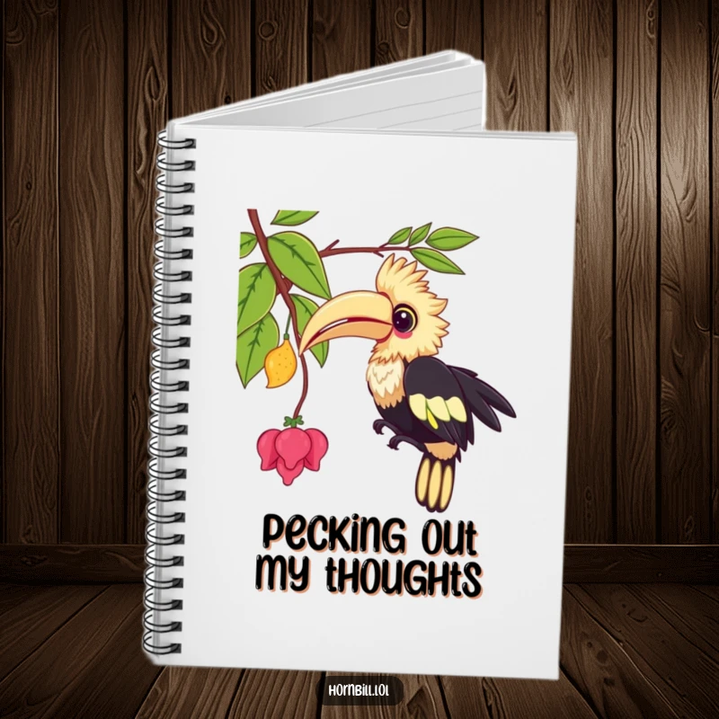 Funny kawaii hornbill notebook, depicting a cute bird playfully pecking at a vine, ideal for note-taking.