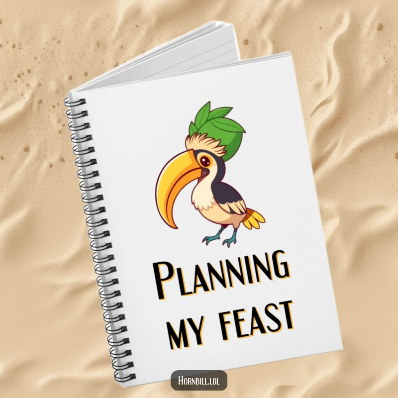 Funny Hornbill Fruit Balancer Notebook, featuring a bird concentrating on balancing a large fruit, perfect for note-taking.