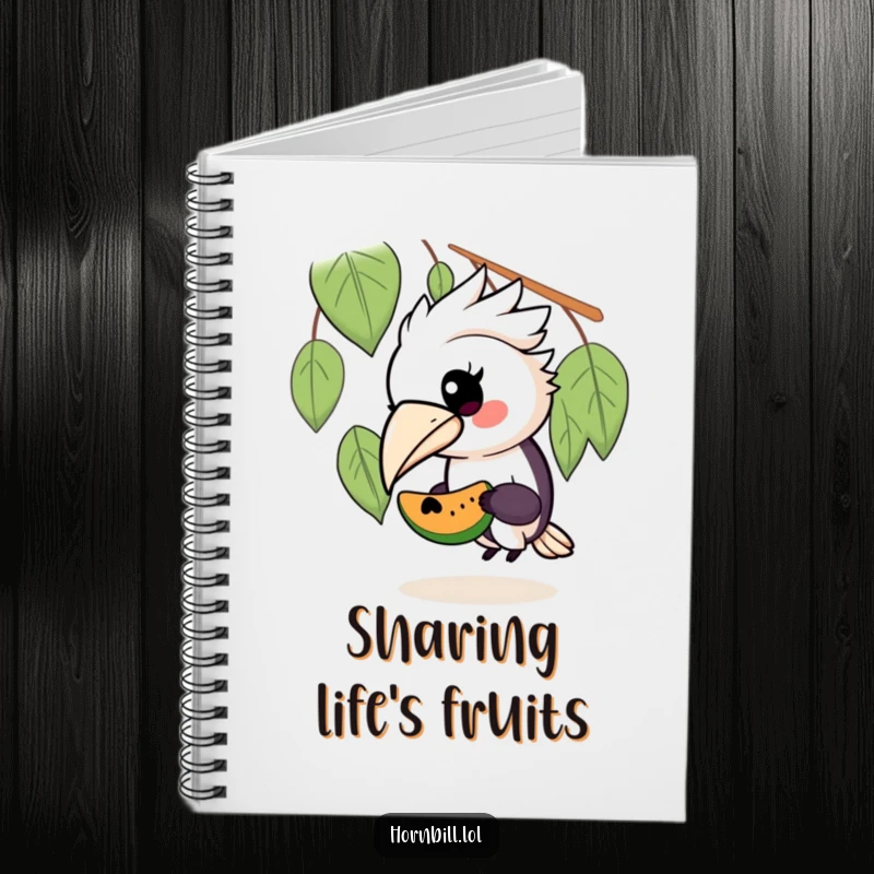 Funny notebook with a kawaii hornbill bird sharing fruit, featuring a charming design for writing, journaling, and creative brainstorming.
