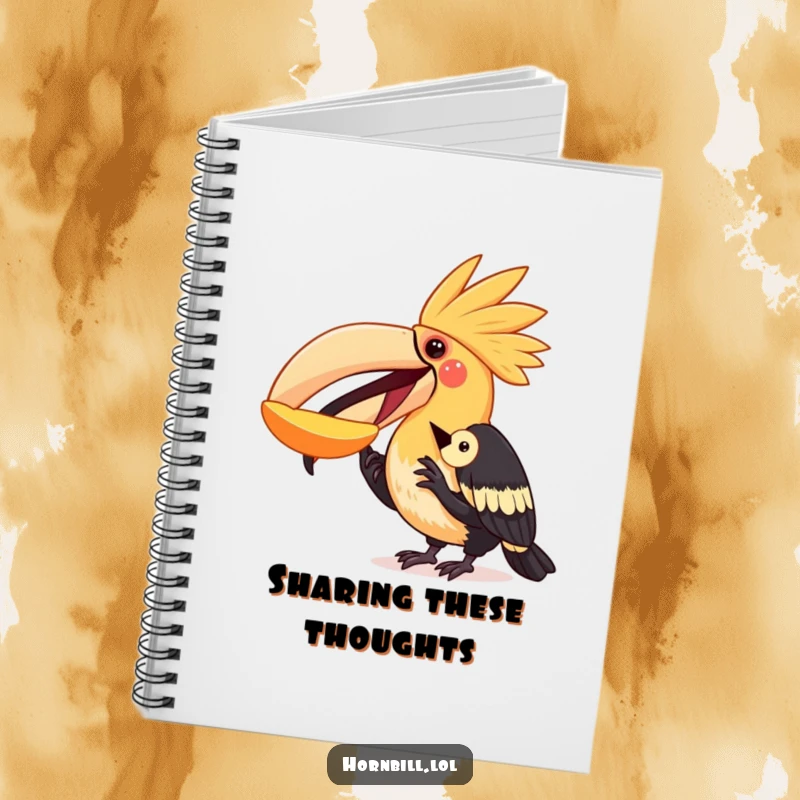 Funny hornbill notebook cover illustrating a bird sharing fruit with a smaller bird, perfect for journaling and note-taking with a kind theme.