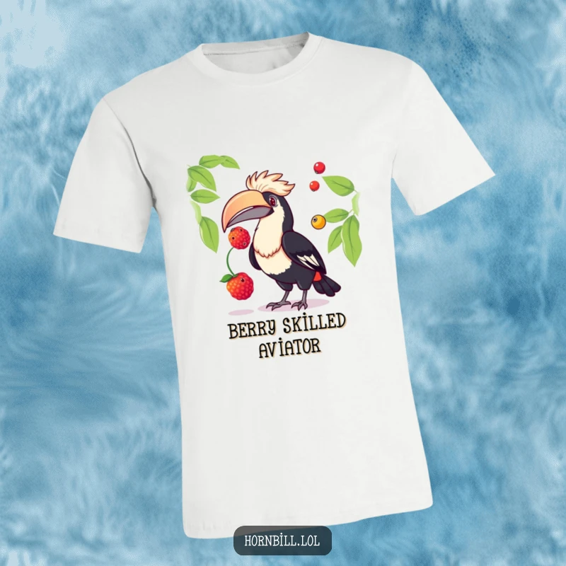 Funny hornbill t-shirt showcasing a cheerful bird expertly juggling two colorful berries in its beak, a delightful display of avian talent.