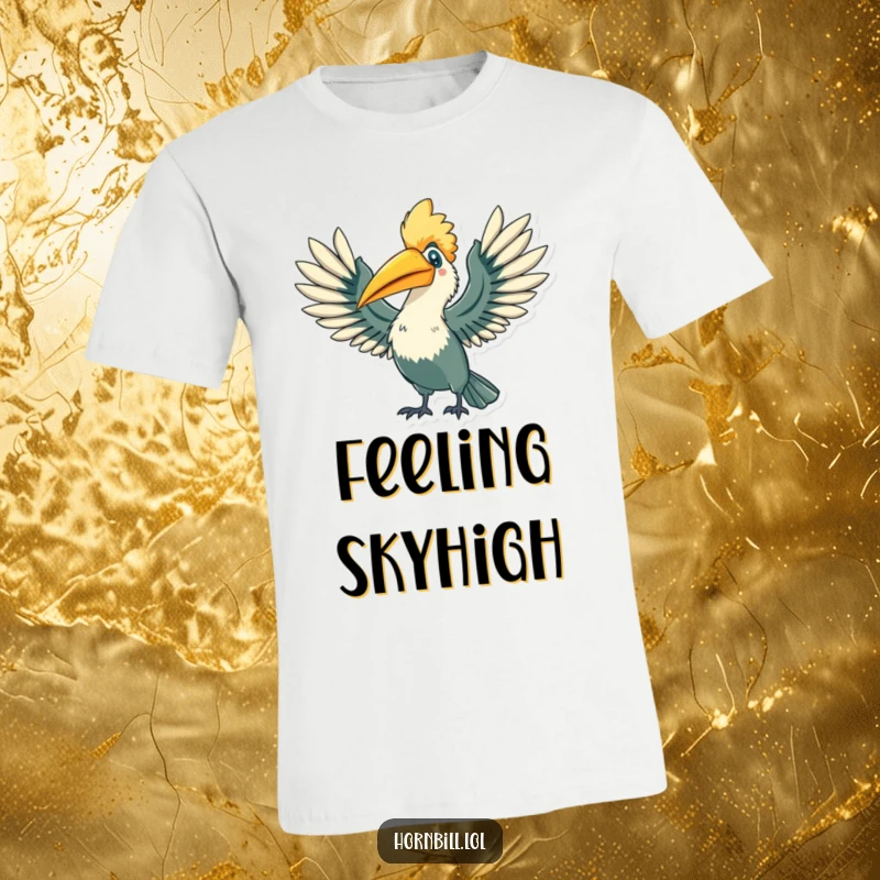 Funny Hornbill T-Shirt: A hornbill character stretching its wings wide in a triumphant flourish, a perfect funny gift.