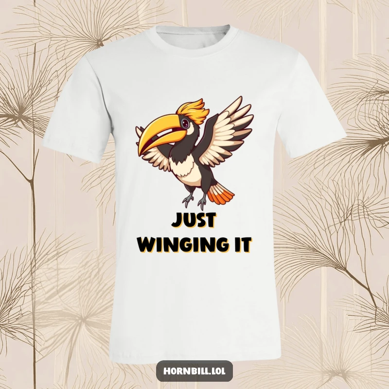 Funny Adorable hornbill flapping its wings enthusiastically, capturing a moment of pure, unadulterated joy on a soft t-shirt.