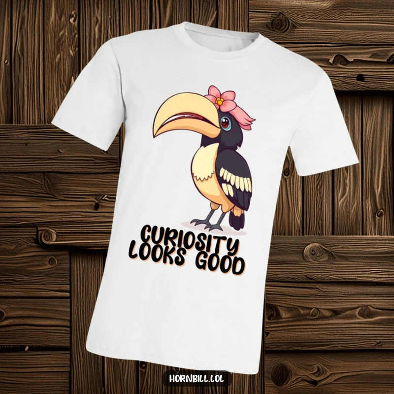 Funny Curious Hornbill T-Shirt: A detailed illustration of a bird tilting its head, its casque adorned with a delicate flower.