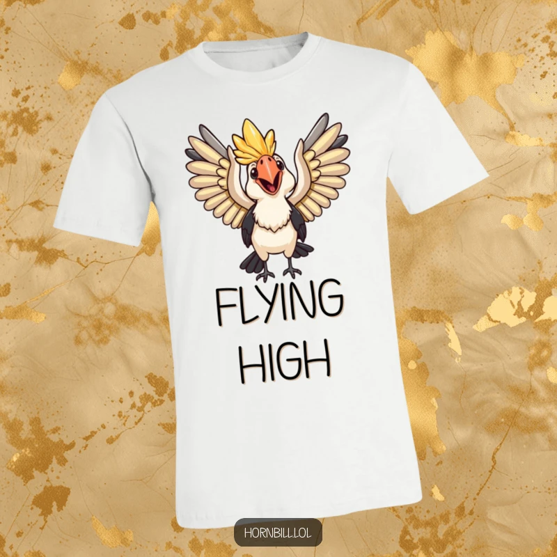 Funny T-Shirt: A happy hornbill with wings spread wide, poised for flight, full of cheer.