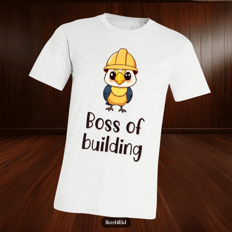 Funny T-Shirt: A hornbill wearing a small construction helmet, looking focused and determined to complete a task.