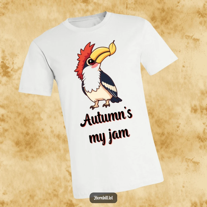 Funny Hornbill Leaf Watcher T-Shirt: A hornbill's bright eyes follow a falling leaf, capturing a moment of gentle curiosity.