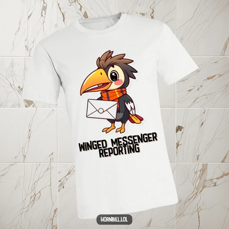 Funny Hornbill Mail Carrier T-Shirt, depicting a happy bird with a colorful scarf delivering a letter with enthusiasm.
