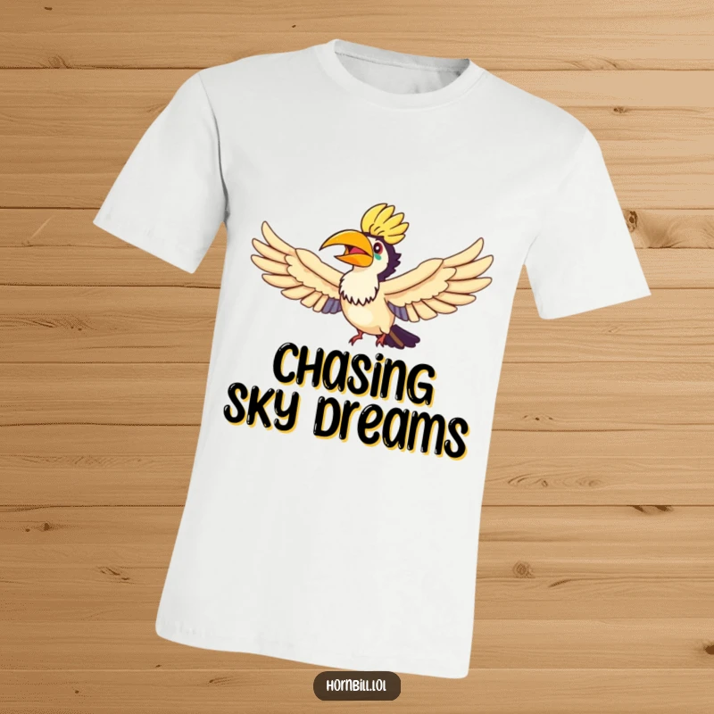 Funny Hornbill Rainbow Flyer T-Shirt, depicting a cheerful hornbill in mid-flight through a vibrant rainbow arc.