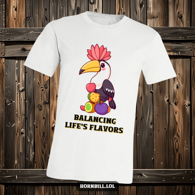 Funny hornbill t-shirt, a kawaii bird character expertly balancing a stack of colorful fruits, expressing joy and balance.