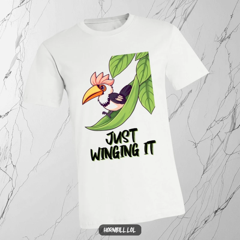 Funny kawaii hornbill joyfully sliding down a smooth leaf, capturing a moment of pure, unadulterated fun on a t-shirt.