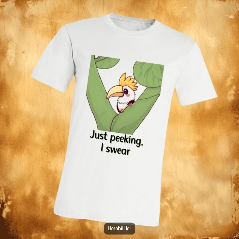 Funny Kawaii Hornbill T-Shirt featuring a cute hornbill bird peeking from behind a leafy branch with a curious expression.