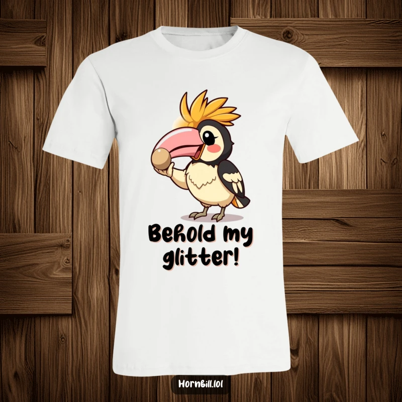 Funny Kawaii Hornbill T-Shirt featuring an enthusiastic bird showing off a prized shiny pebble.