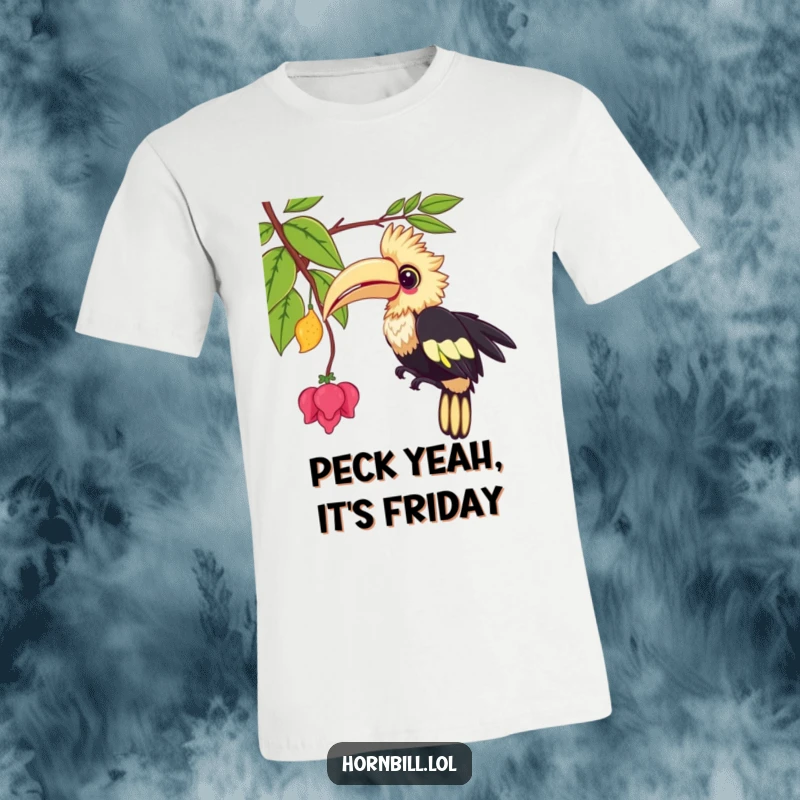 Funny kawaii hornbill t-shirt depicting a cute bird playfully pecking at a dangling vine, ideal for casual wear.