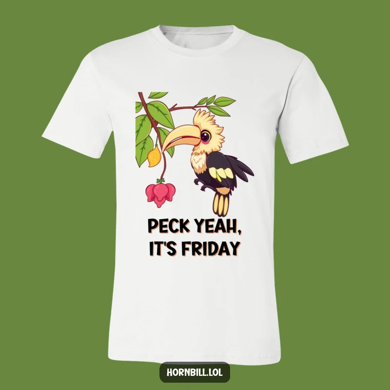 Funny Kawaii Hornbill T-Shirt: Playful Bird Pecking Vine Action Tee