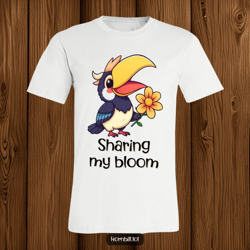 Funny Kawaii Hornbill T-Shirt featuring a smiling bird offering a colorful flower with a wide, happy grin.