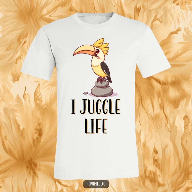 Funny t-shirt showing a kawaii hornbill attempting to balance a stack of pebbles, a funny and relatable design, great gift.
