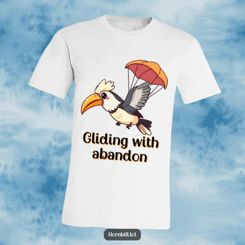 Funny Kawaii Hornbill T-Shirt featuring a happy bird gliding through the air with a tiny leaf parachute.