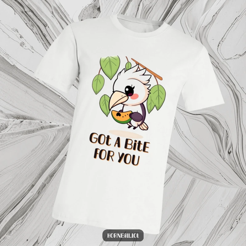 Funny t-shirt with a kawaii hornbill bird offering a piece of fruit to a tiny, adorable friend, symbolizing kindness and companionship.