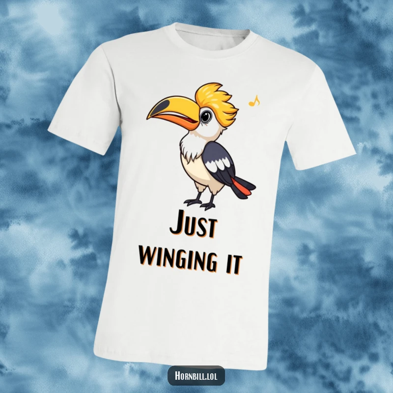 Funny Hornbill T-Shirt, bird whistling cheerfully with beak pointing upwards, a humorous and vibrant graphic tee.