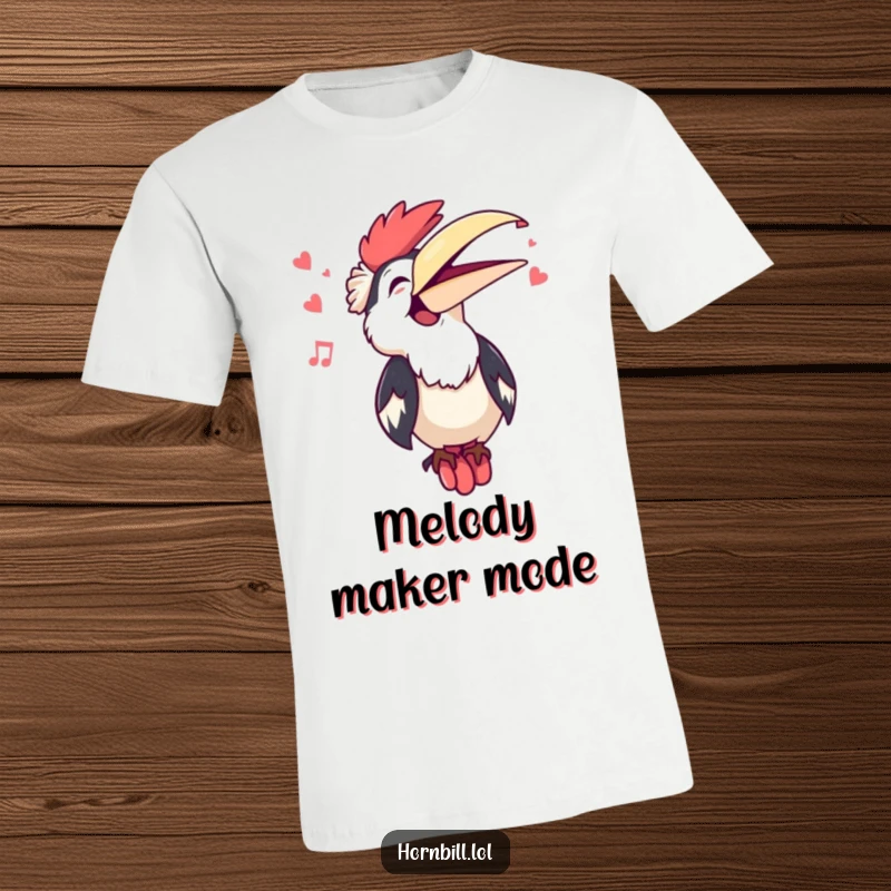 Funny Kawaii Hornbill Singing T-Shirt: A super cute hornbill joyfully sings with an open beak, embodying musical happiness.
