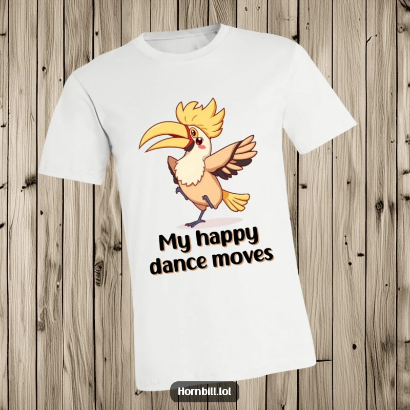 Funny kawaii hornbill performing a silly flappy dance with a fluttery tail, printed on a vibrant t-shirt.