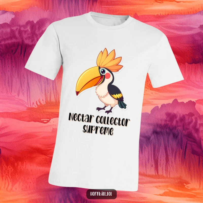 Funny Hornbill Flower Peck T-Shirt, depicting an eager hornbill enthusiastically pecking at a huge, colorful flower.