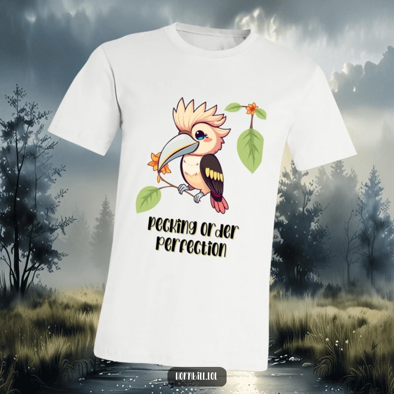 Funny Kawaii Hornbill T-Shirt: a charming bird playfully pecking at a flower petal, showcasing a joyful and lighthearted moment.