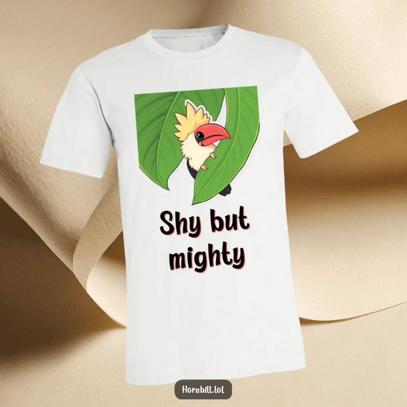 Funny chubby hornbill playfully peeking out from behind a large green leaf, a fun scene on this t-shirt.