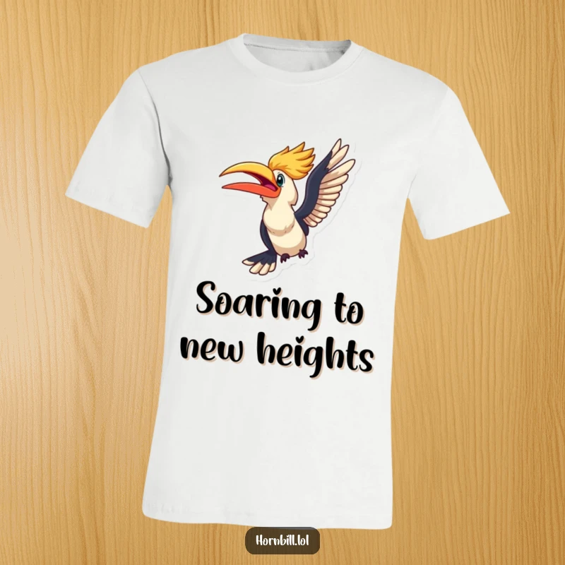 Funny kawaii hornbill looking excited, about to take flight, printed on an adventurous t-shirt.