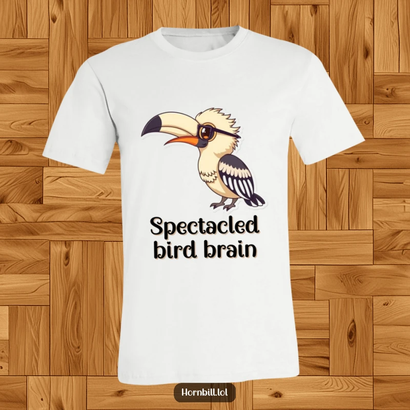 Funny hornbill wearing tiny spectacles, peering studiously at a large feather, printed on a soft and comfortable t-shirt.