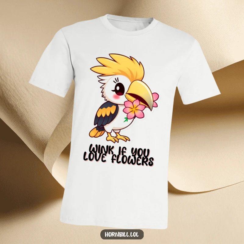 Funny Hornbill T-Shirt: Hornbill winking playfully, holding a flower, cute and charming, funny gift.
