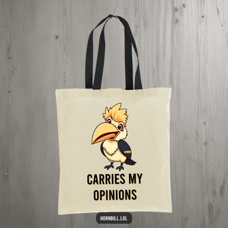 Smiling hornbill tote bag, beak wide open, ready to chirp, a cheerful and funny accessory for everyday.