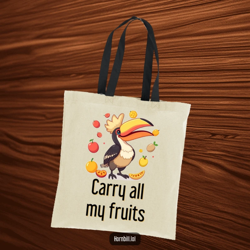 Funny Hornbill Tote Bag: A comical bird suspended in mid-air, juggling an assortment of colorful fruits with its distinctive beak.