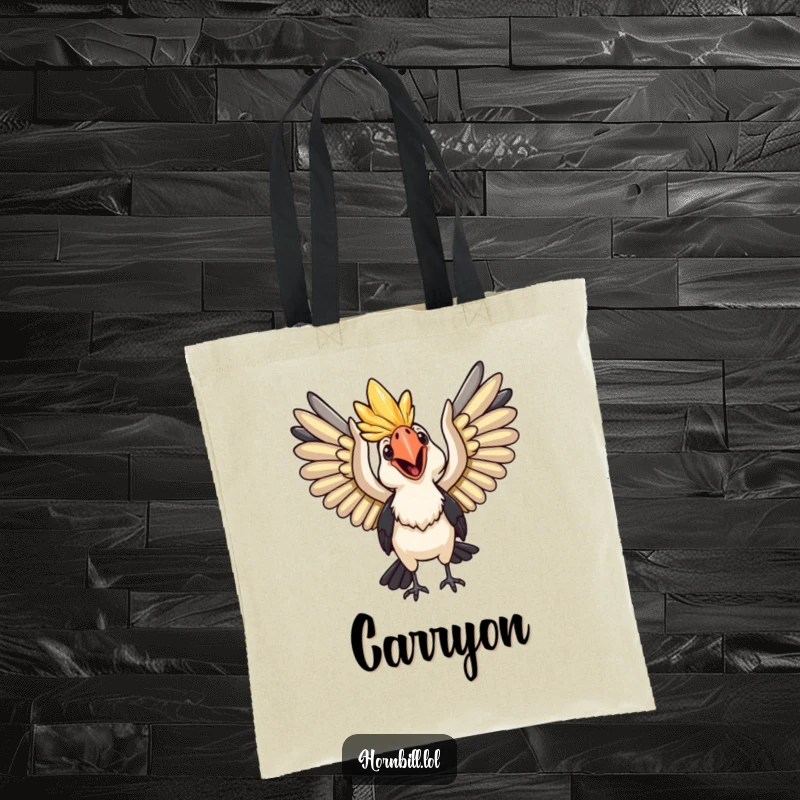 Funny Tote Bag: A happy hornbill with wings spread wide, ready for flight, perfect for carrying joy.