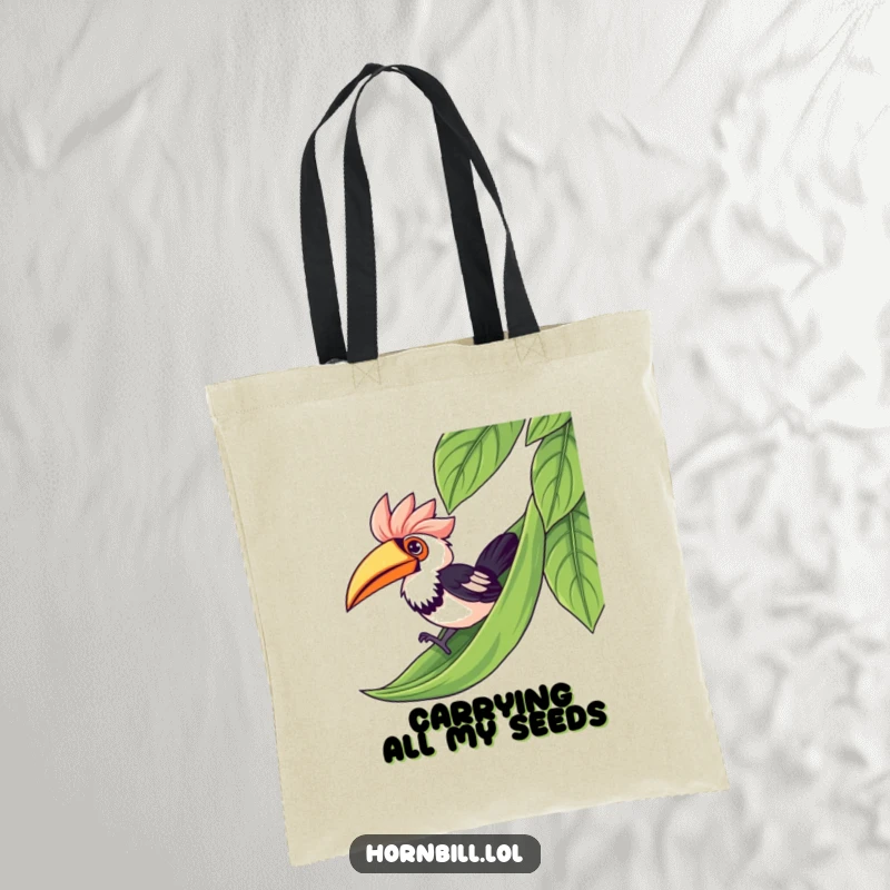 Funny kawaii hornbill having a blast sliding down a leaf, a perfect accent for this humorous and practical tote bag.