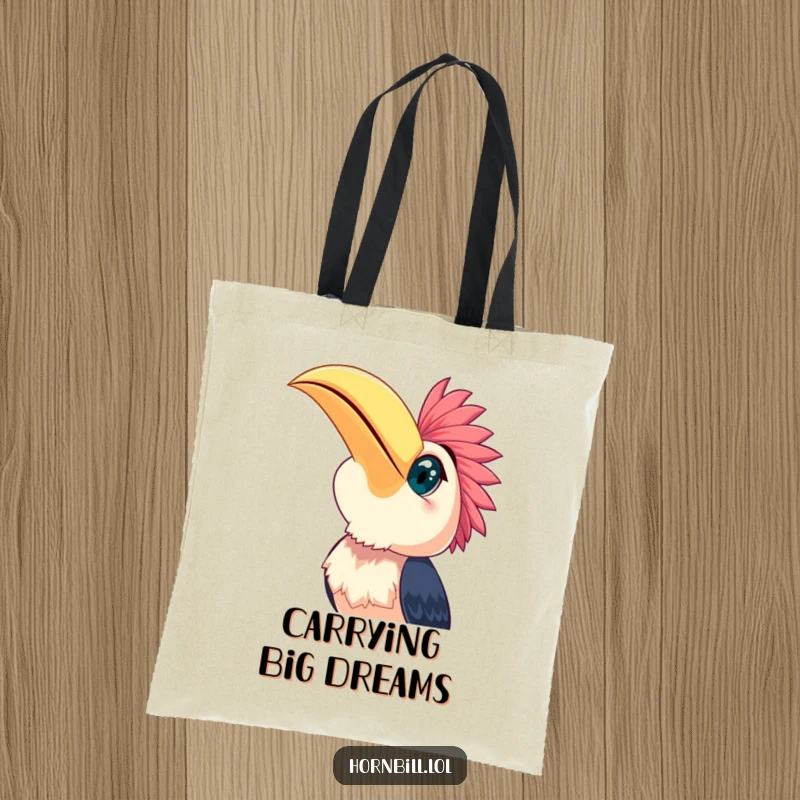 Funny happy hornbill looking up at the blue sky with wide, sparkling eyes, featured on a chic tote bag.